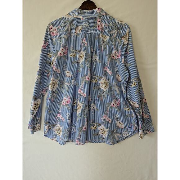 Talbots Womens Blue Spring Floral Stripe Pop Over Blouse Size XLP Long Sleeves - Picture 4 of 6